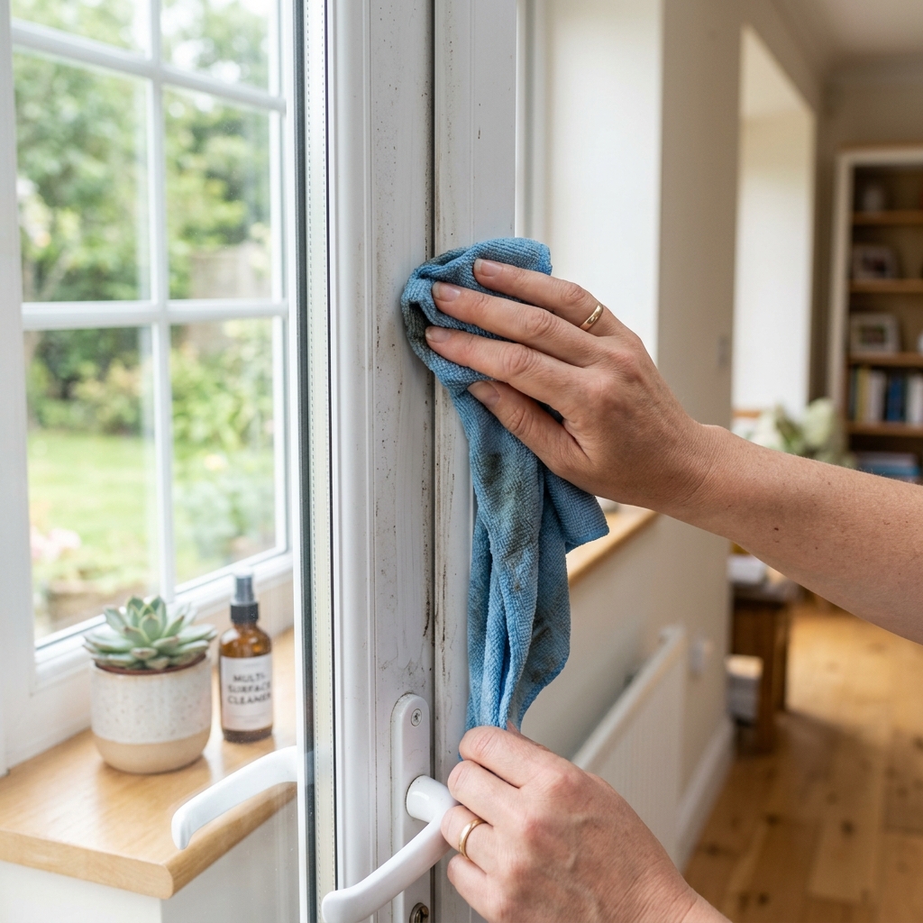 Gründliche Reinigung und Pflege eines weißen Kunststoff-Fensterrahmens