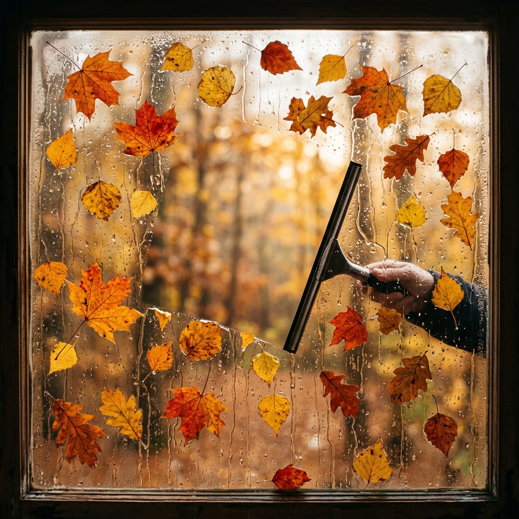 Feuchtes Herbstlaub klebt auf einer nassen Fensterscheibe