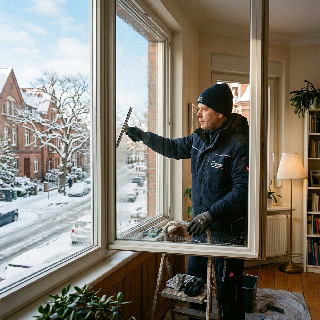 Professionelle Fensterreinigung bei Frost im winterlichen Hannover