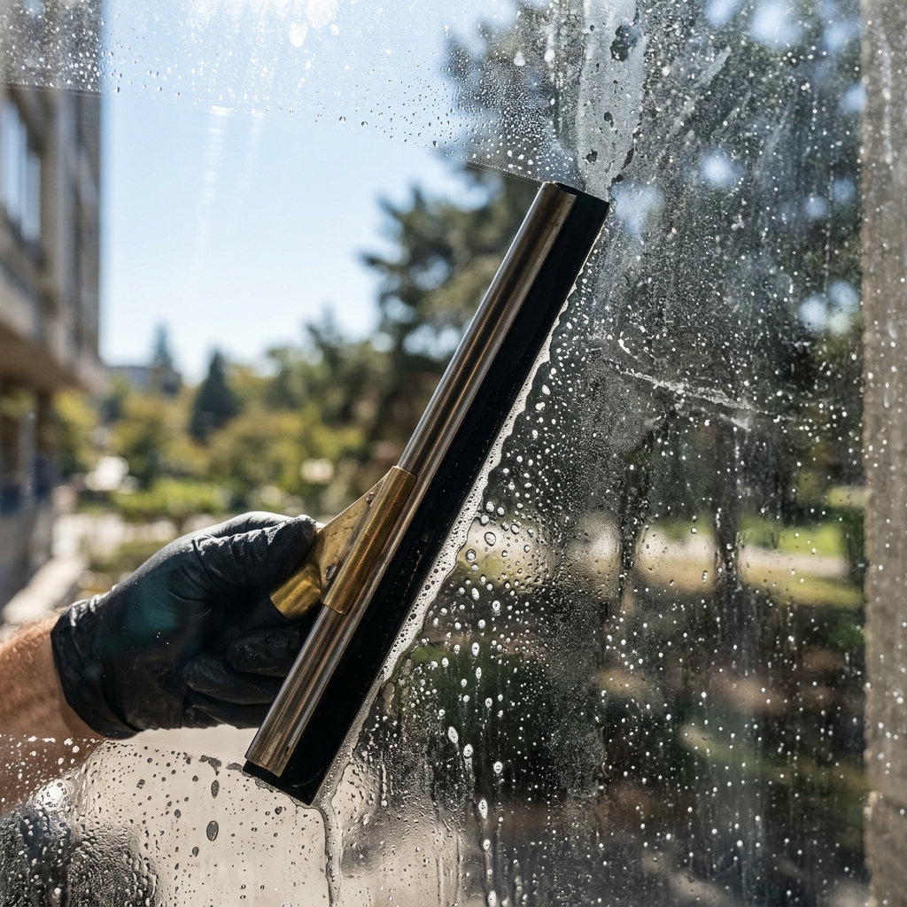 Essigflasche, Zeitungspapier und Reinigungstuch auf einem Holztisch