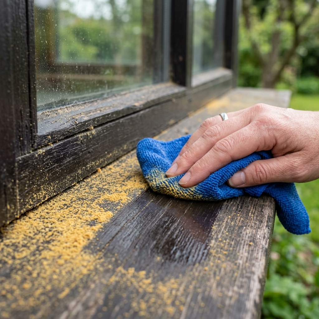 Entfernung von gelbem Blütenstaub und Pollen vom Fensterrahmen