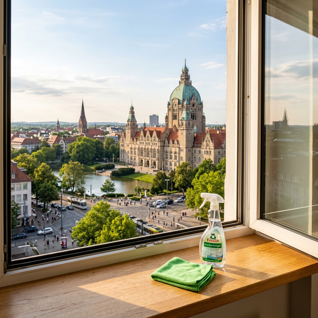 Blick aus frisch geputztem Fenster auf das Neue Rathaus in Hannover