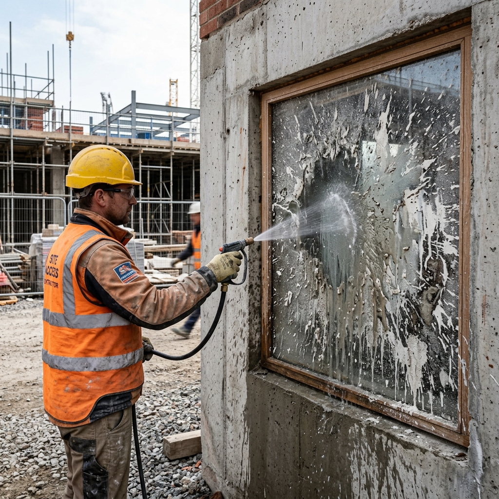 Baureinigung von verschmutzten Fenstern auf einer Baustelle