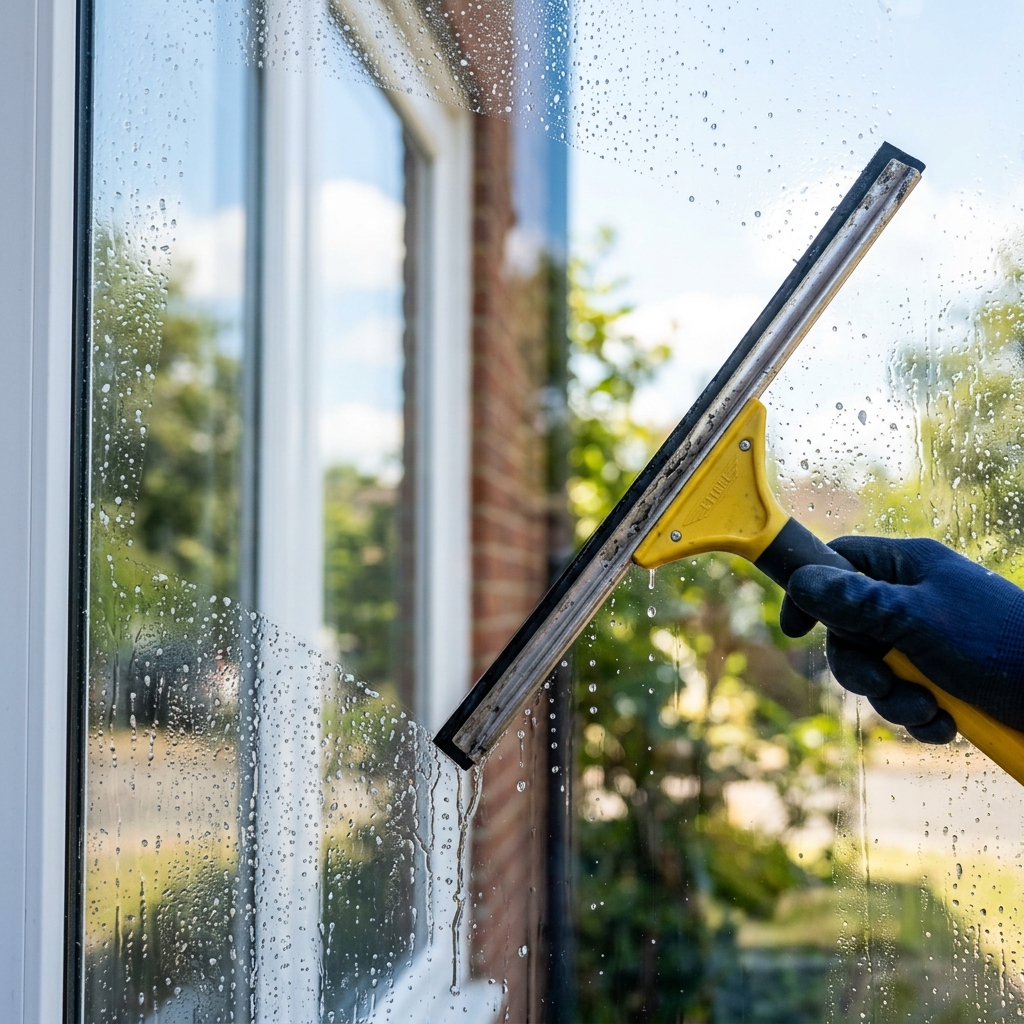 Streifenfreies Fensterputzen mit professionellem Abzieher im Sommer