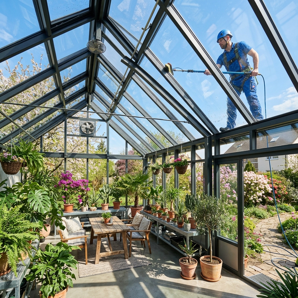 Sichere Reinigung des Glasdachs eines Wintergartens mit Teleskopstange